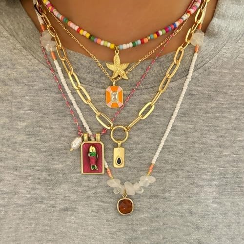 Pendant Necklace Set Bohemian Style Beaded Fish Star 5 Layered Collarbone Chain,