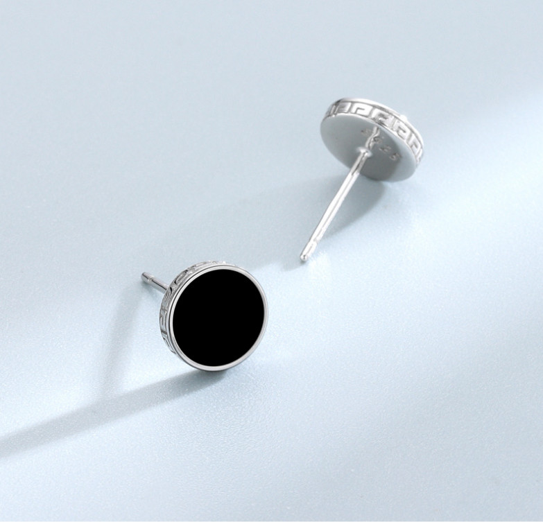 Women Men Sterling Silver Black Enamel Round Stud Post Earrings 8mm Gift Box I84