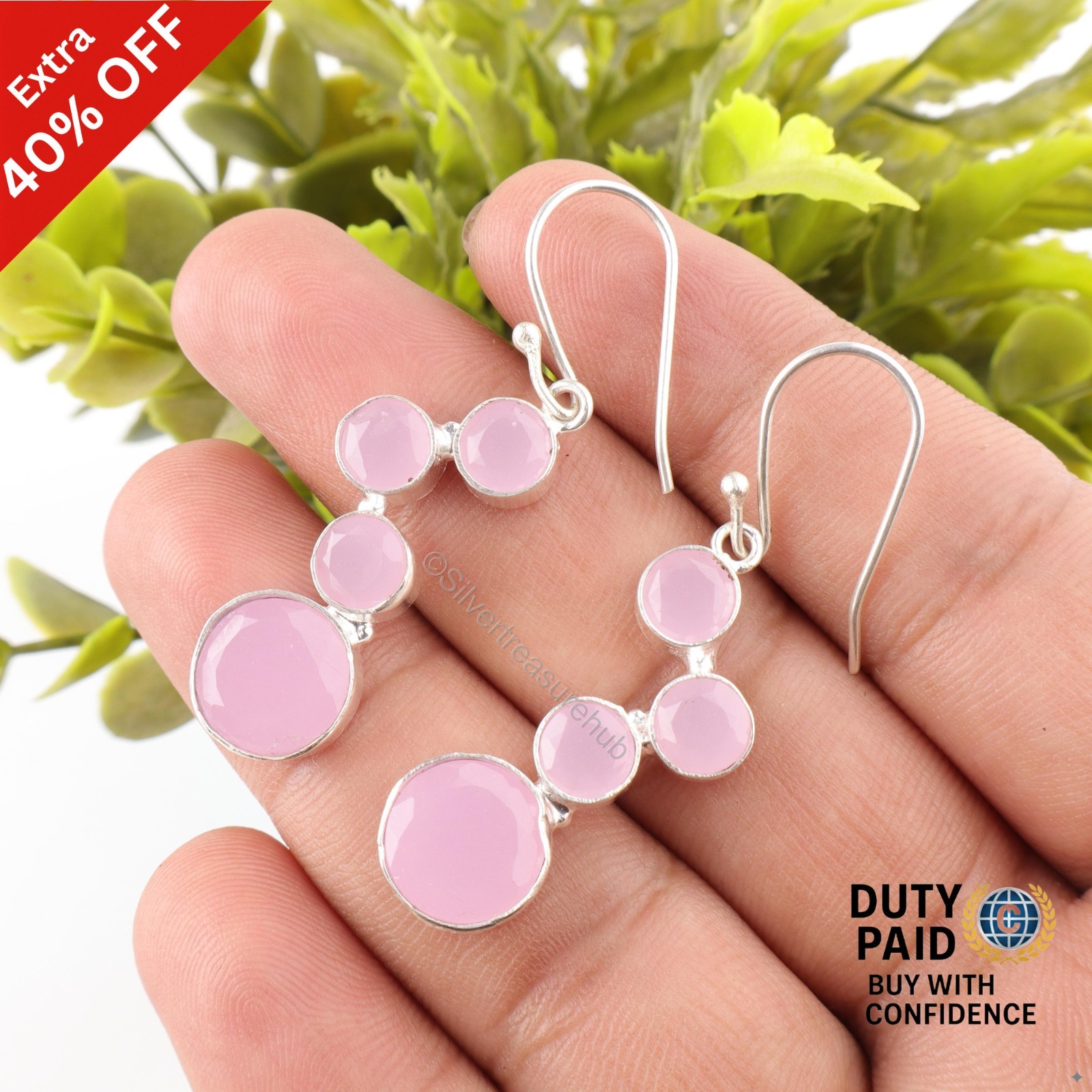 925 Silver Round Rose Chalcedony Gemstone Dangle Handcrafted Wedding Earrings