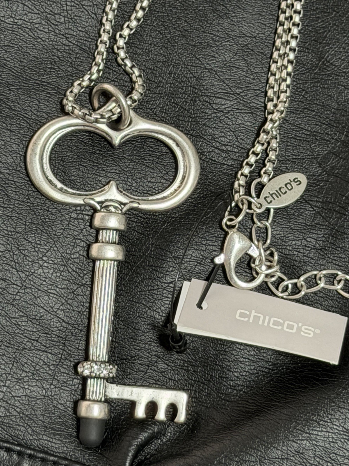 Chico’s Silver Tone Key Pendant Necklace, Box Chain, Adjustable Crystal