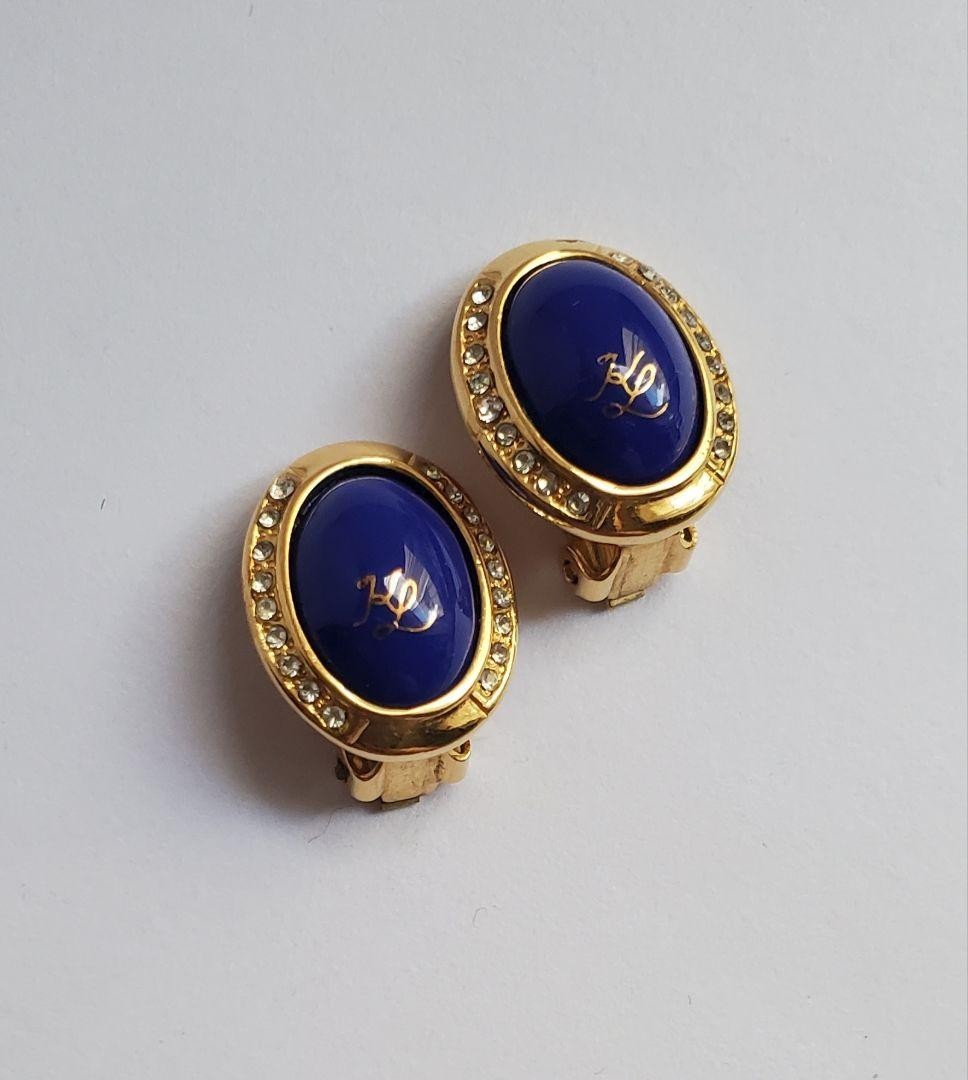 Vintage Karl Lagerfeld Blue Cabochon cut Gold Tone Oval Clip-On Earrings