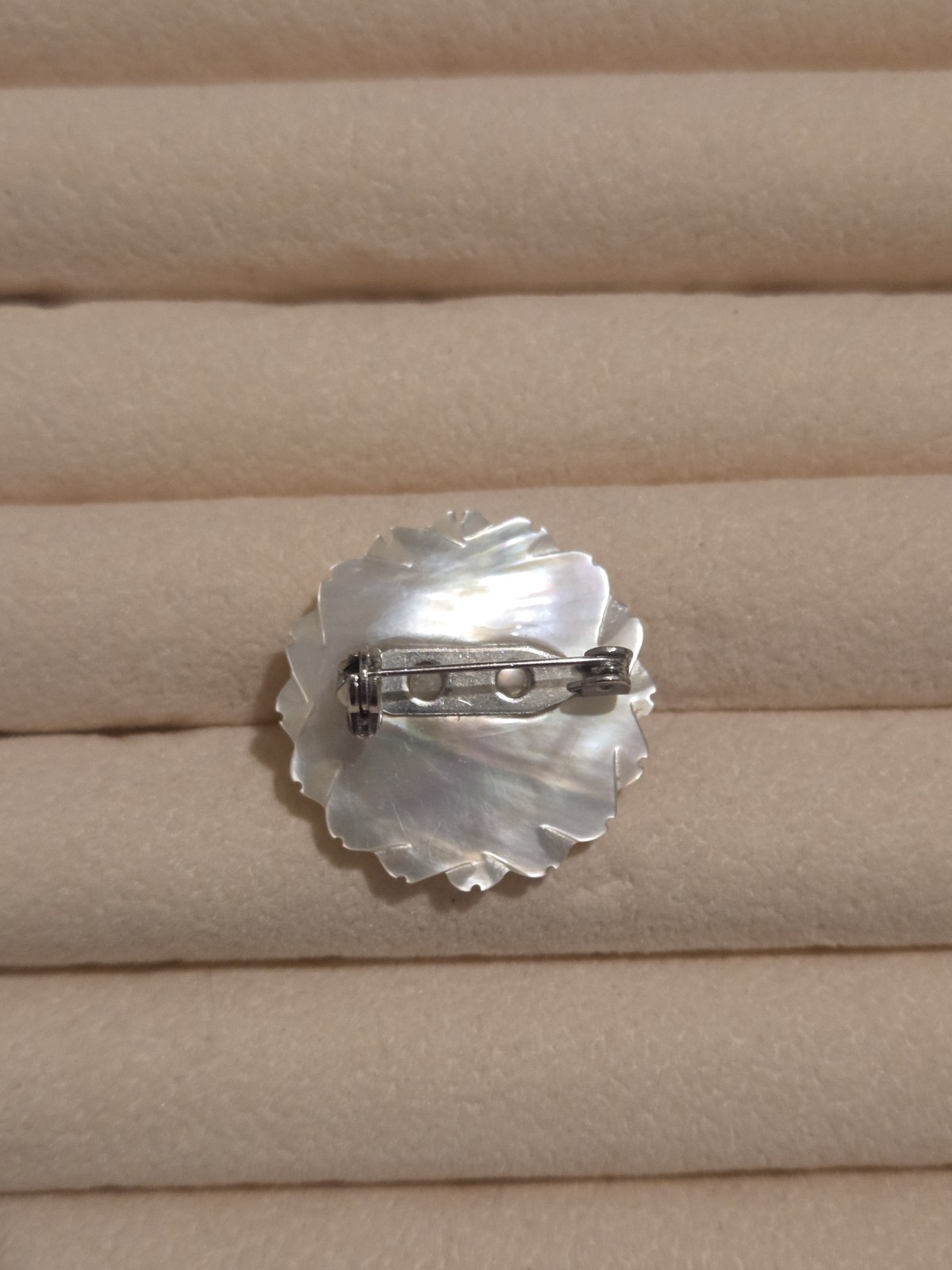 Salmon Pink Czech Glass Button And Mother Of Pearl Flower Brooch