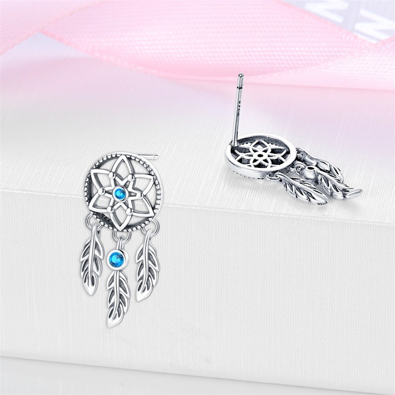 PANDACH 925 Sterling Silver Dream Catcher wIth Feathers Stud Earrings For Womens