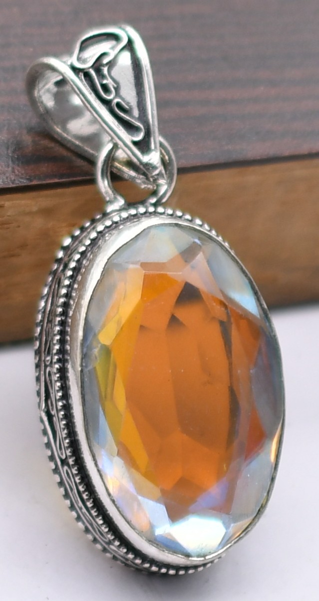 Bi Color Tourmaline Hydro Gemstone Antique Silver Plated Pendant 2″ J667
