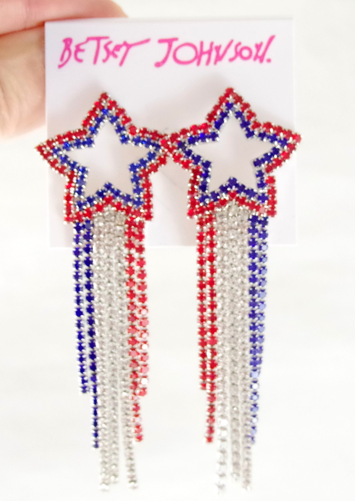 4″ Prong-Set Rhinestones! NWOT BETSEY JOHNSON PATRIOTIC DANGLE STAR EARRINGS