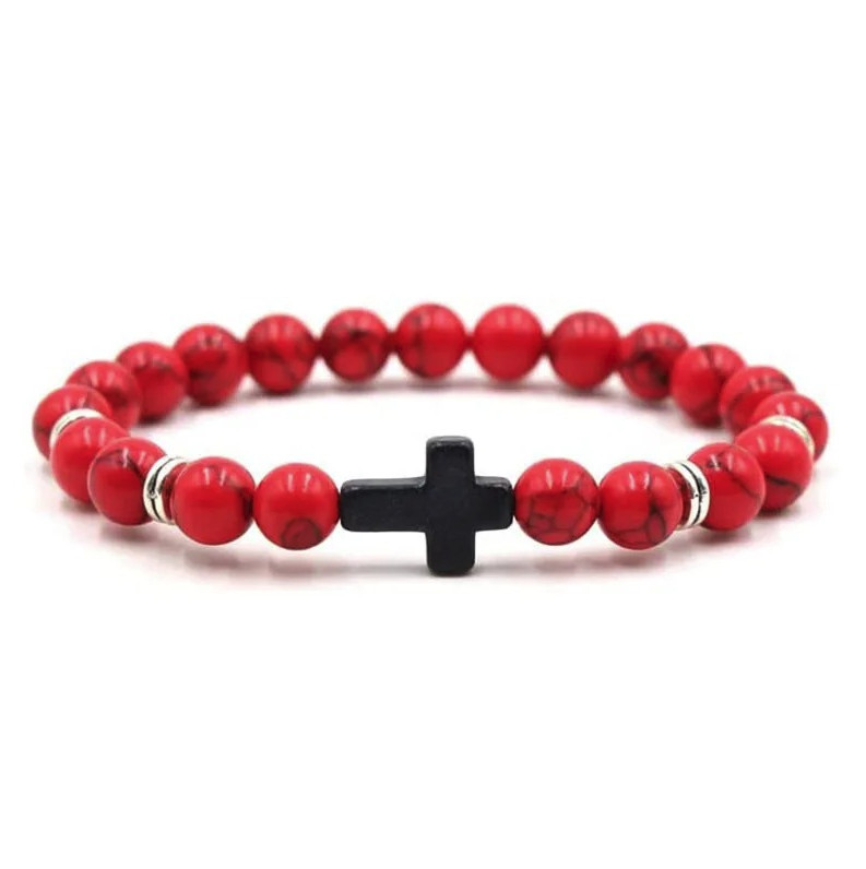 1pc Natural Stone & Wood Bead Prayer Bracelet with Cross – NEW