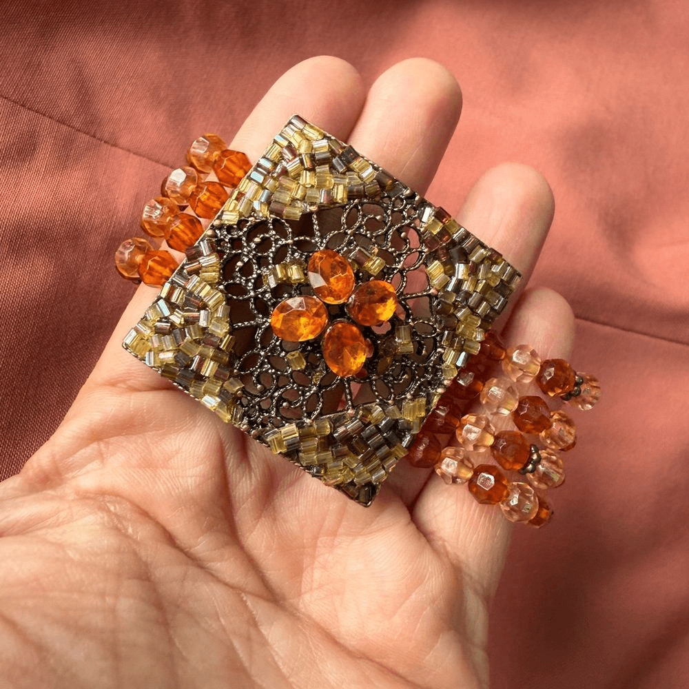 Y2K Multi-stranded Bracelet with a faux Amber Glass, Gems Statement Pendant