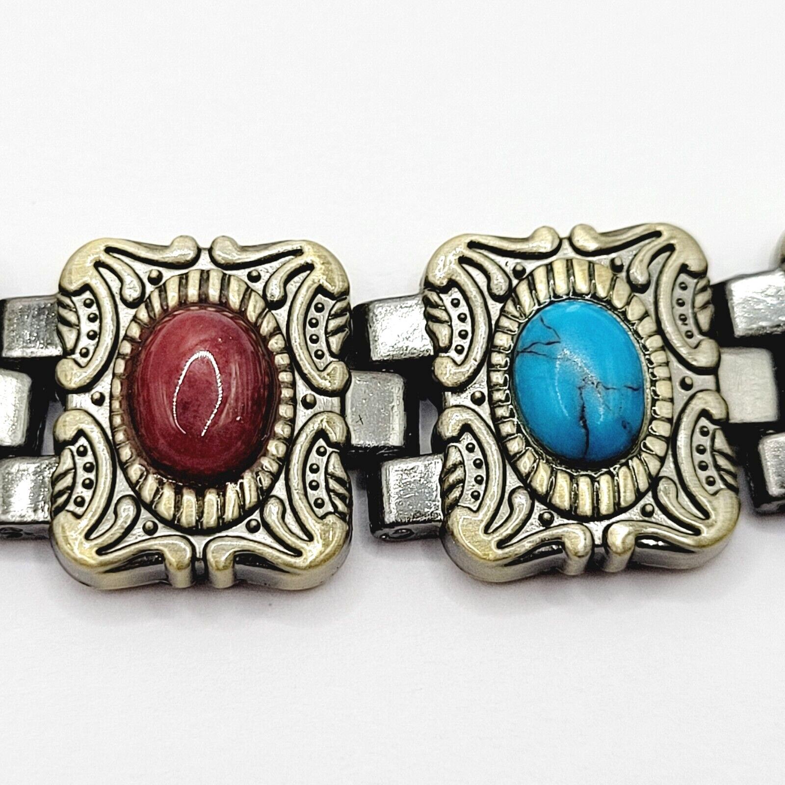 Ornate Western Style Multi Color Faux Gemstone Muted Gold Silver Tone Bracelet