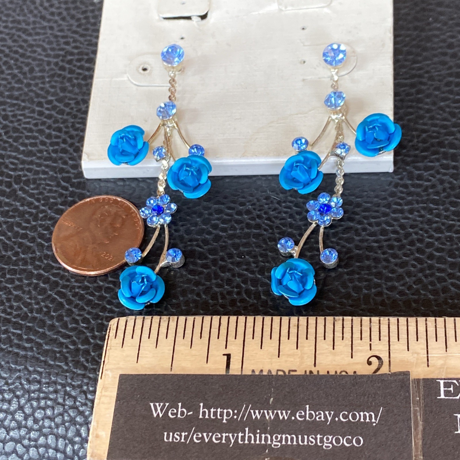 Faceted Blue Rhinestone Retro Aluminum Rose Dangle Silvertone Flower Earrings