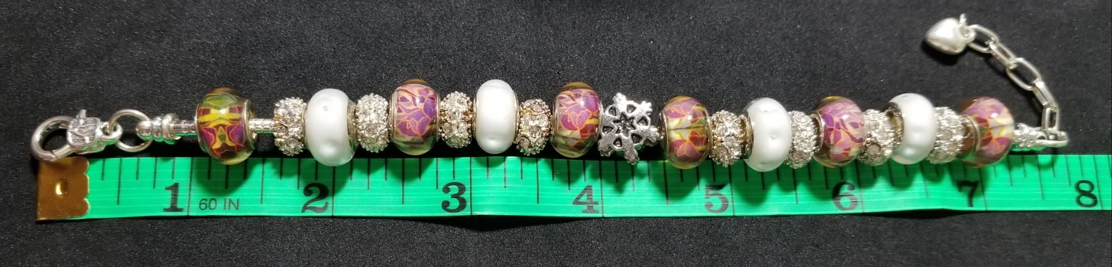 7.9″ SNOWFLAKE CHARM MURANO LAMPWORK GLASS BEADS RHINESTONE SPACERS BRACELET
