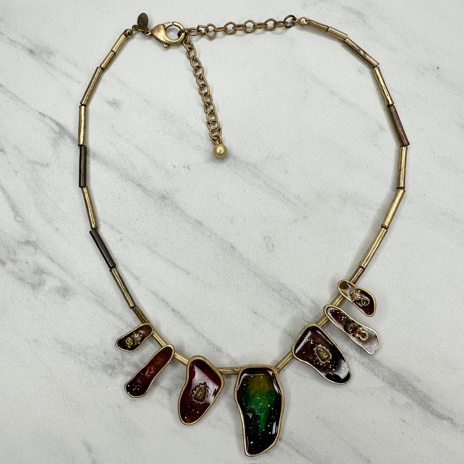 Chico’s Multicolor Resin Organic Shape Bib Necklace Gold Tone Bar Link