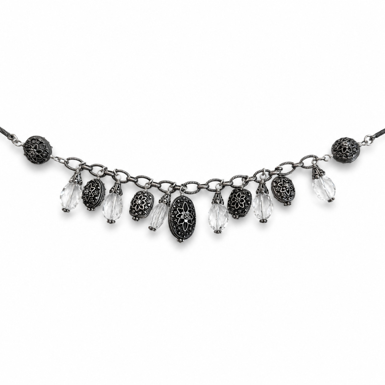 Lily Pearl Filigree Drop Necklace Sterling Silver Crystal Teardrop Necklace