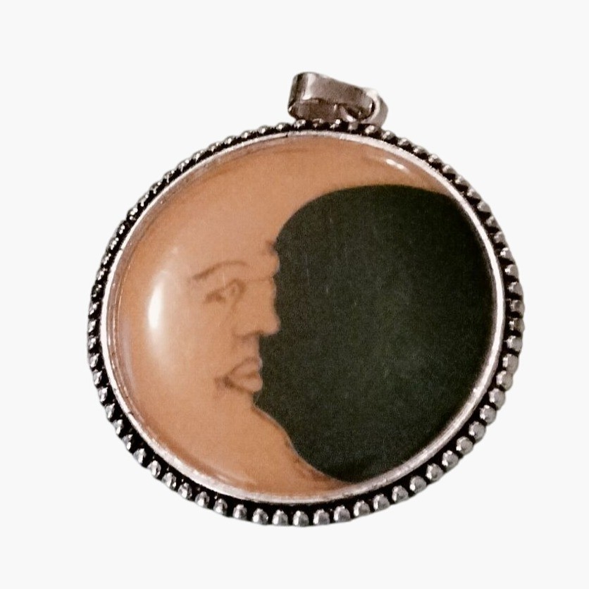 Crescent Moon Face Pendant Optical Illusion Round Metal Medallion