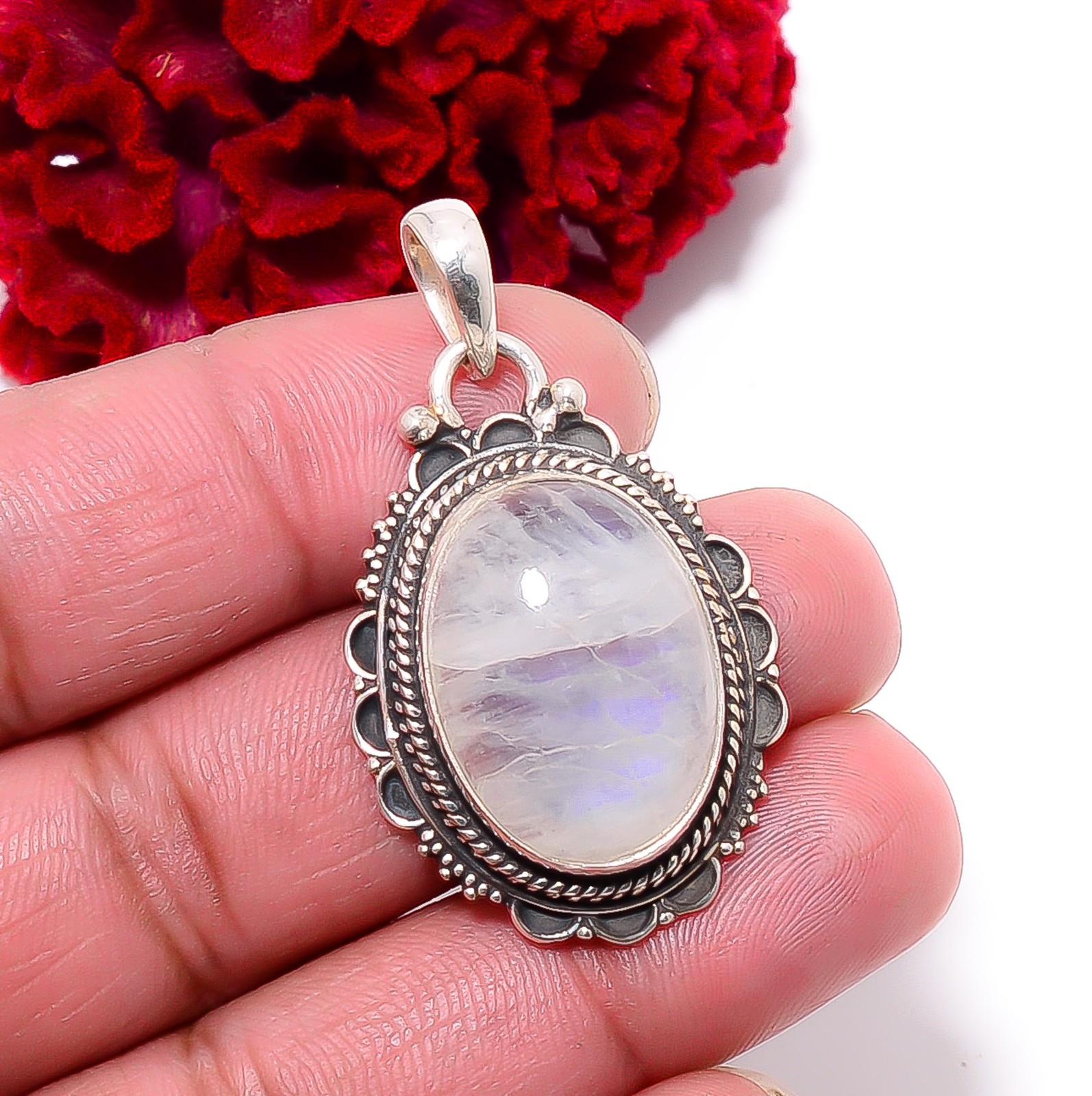 Rainbow Moonstone – India Gemstone 925 Sterling Silver Pendant 1.76″ P96233