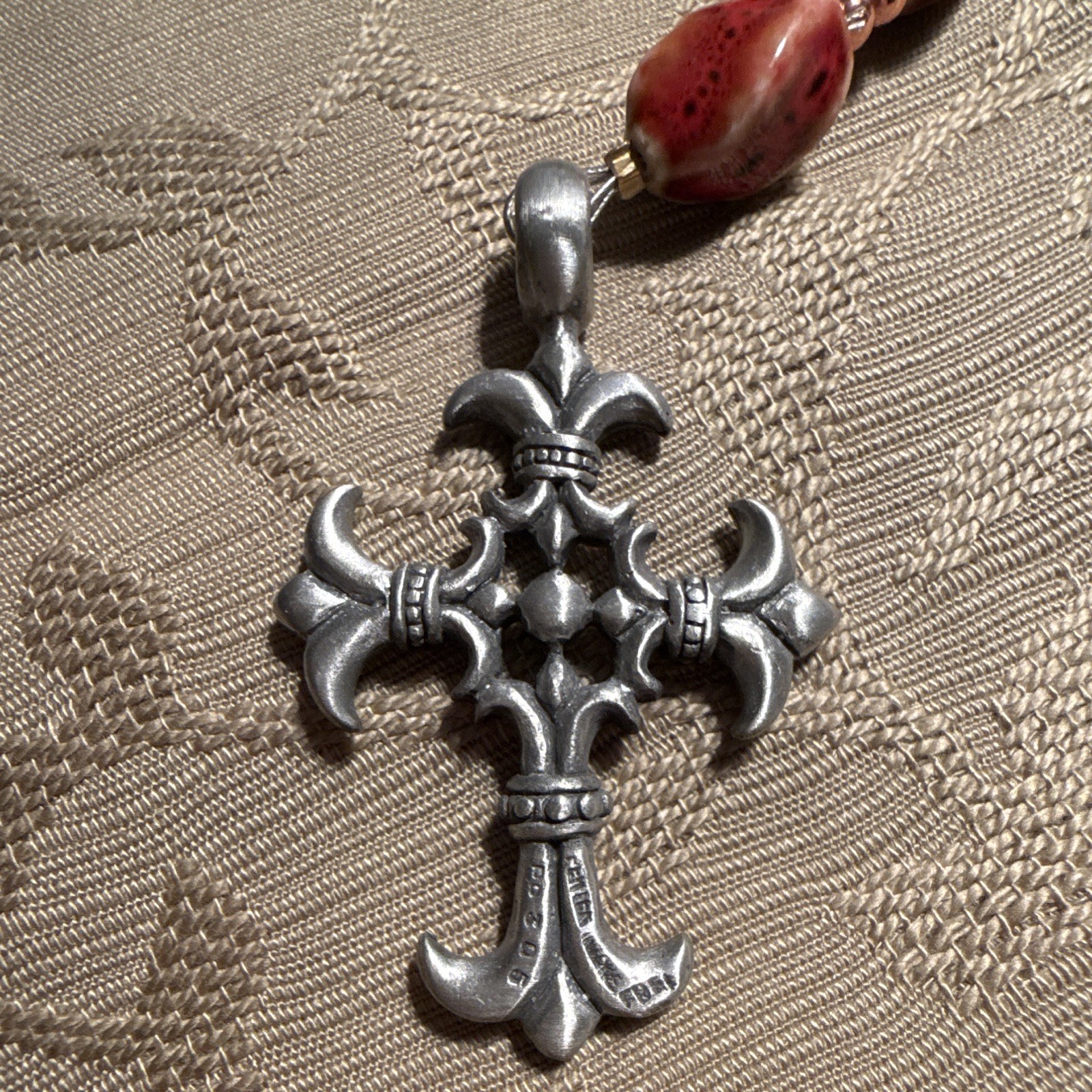 Red Beaded Ball Chain Necklace Silver-Tone Cross Charm Pendant Religious