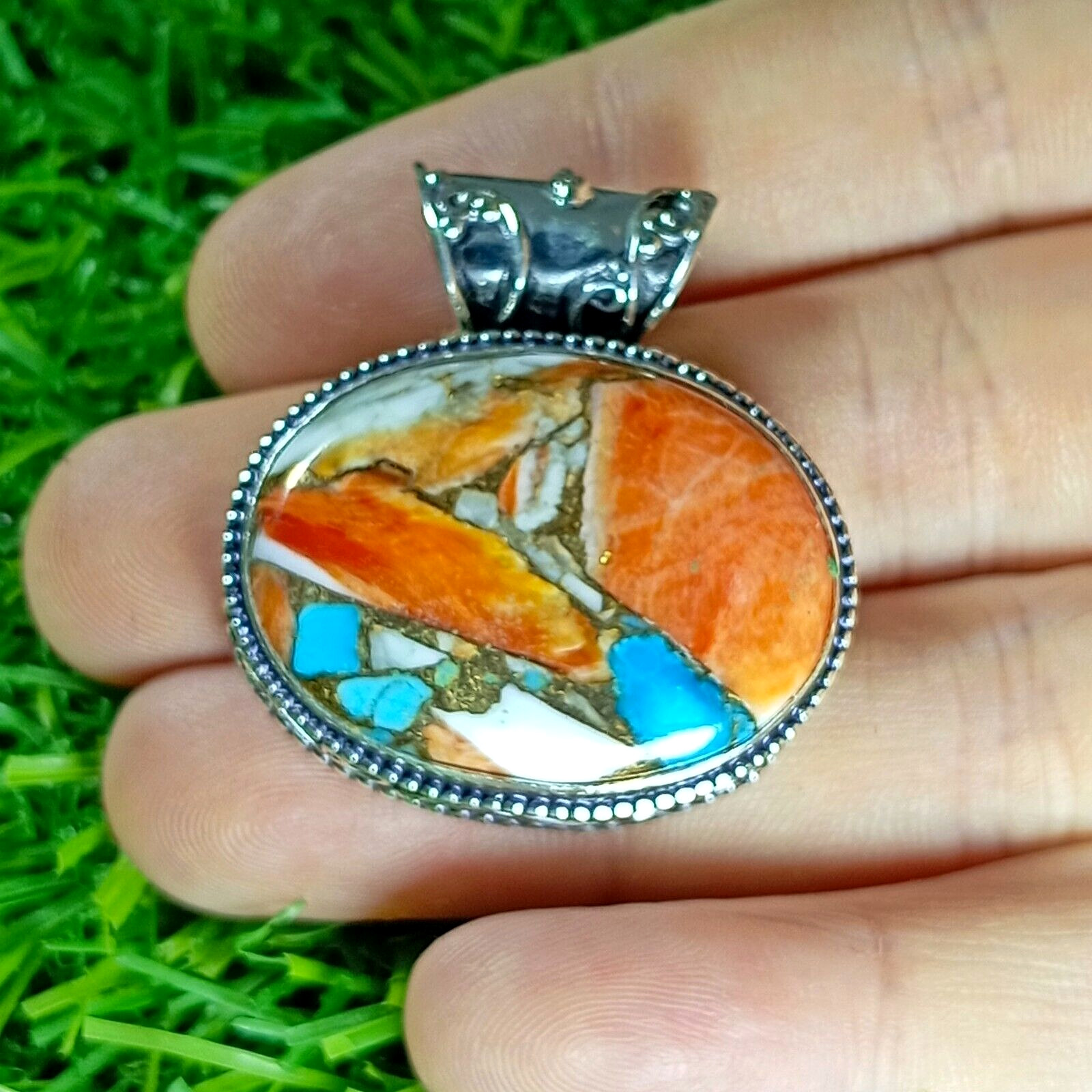 Oyster Copper Turquoise Gemstone Pendant 925 Sterling Silver Jewelry Pendant