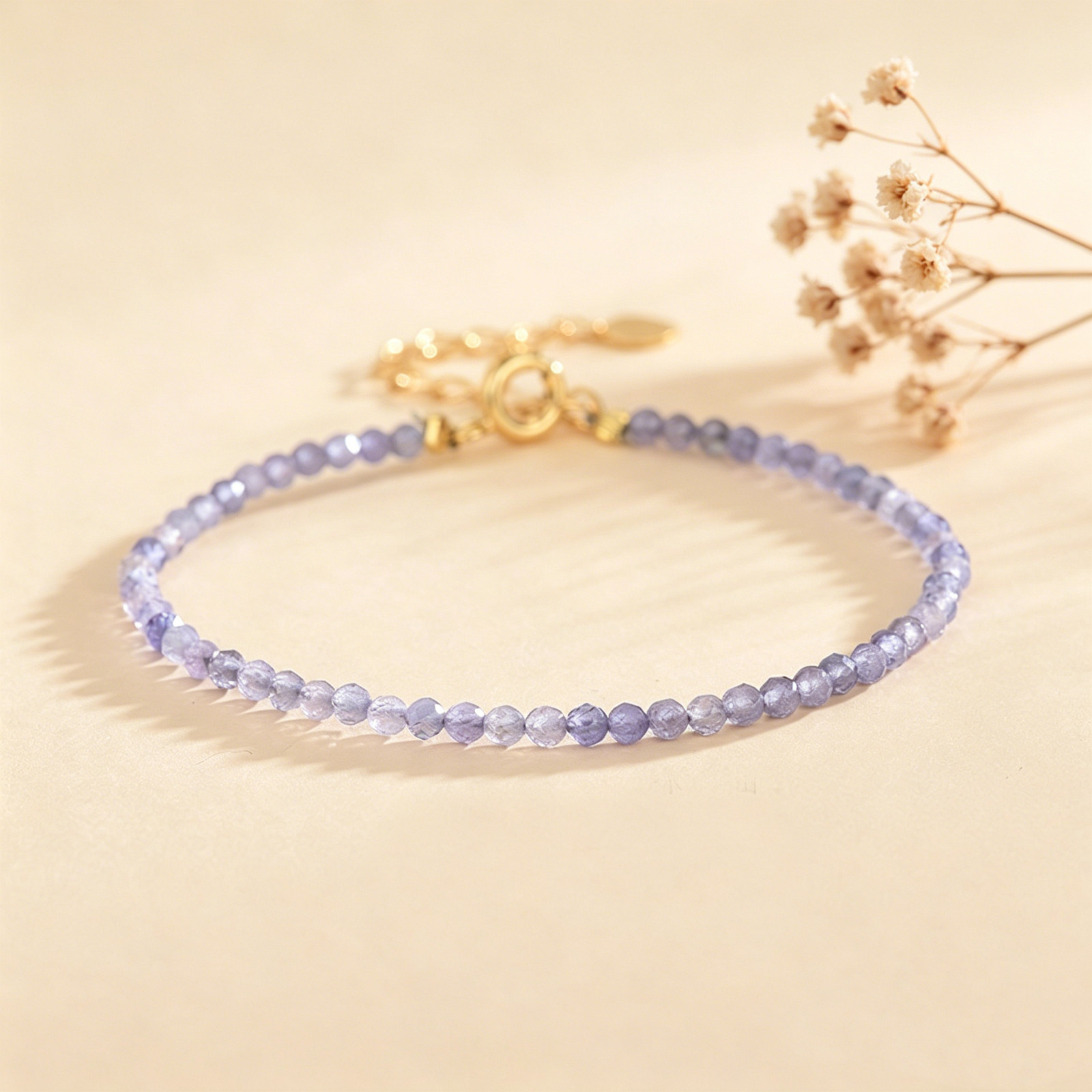 Natural Tanzanite Purple Crystal Faceted Beaded Adjustable Bracelet Gold Tone