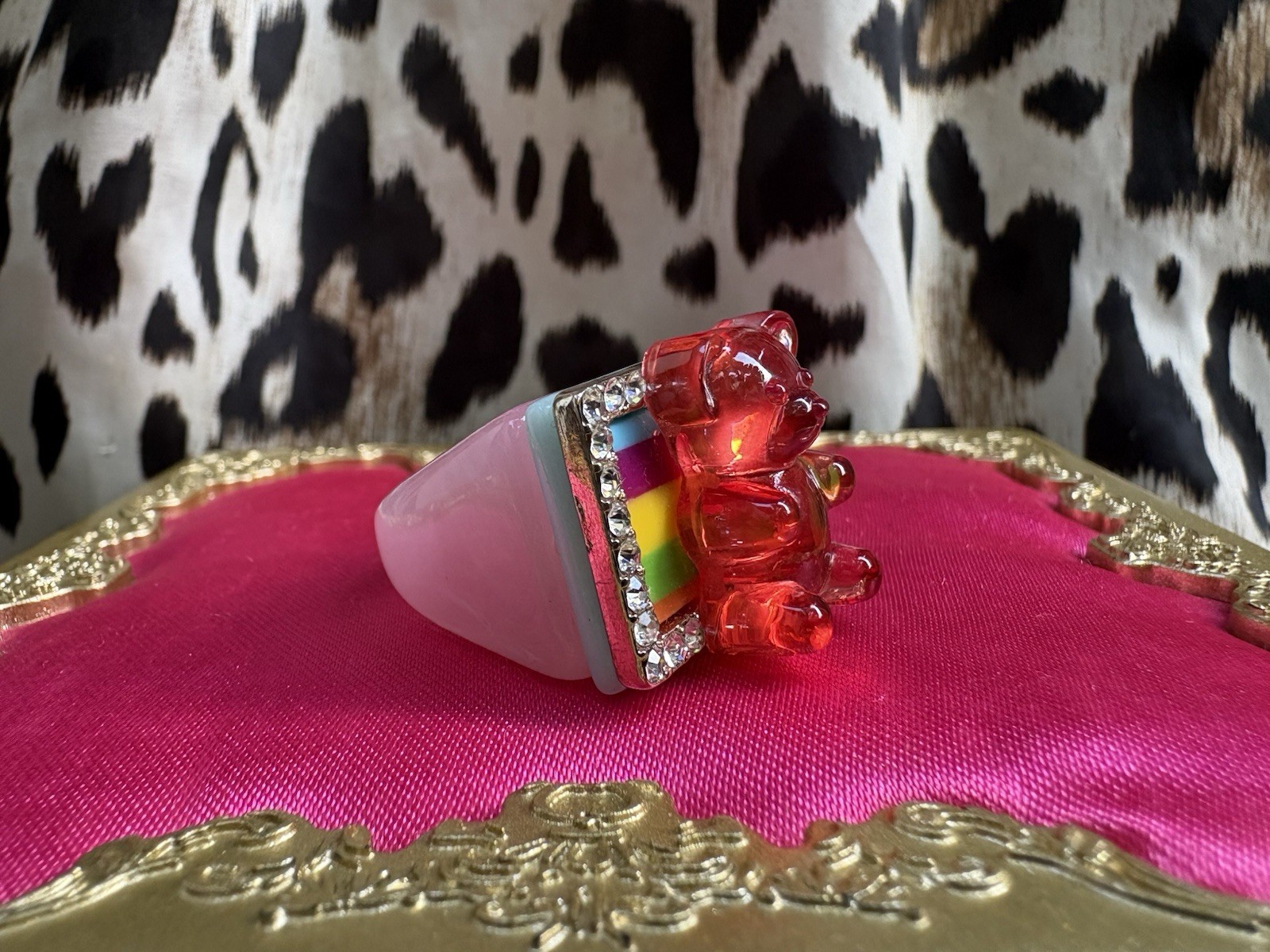 Betsey Johnson Lucite Red Gummy Bear Rainbow Striped Candy Ring VERY RARE
