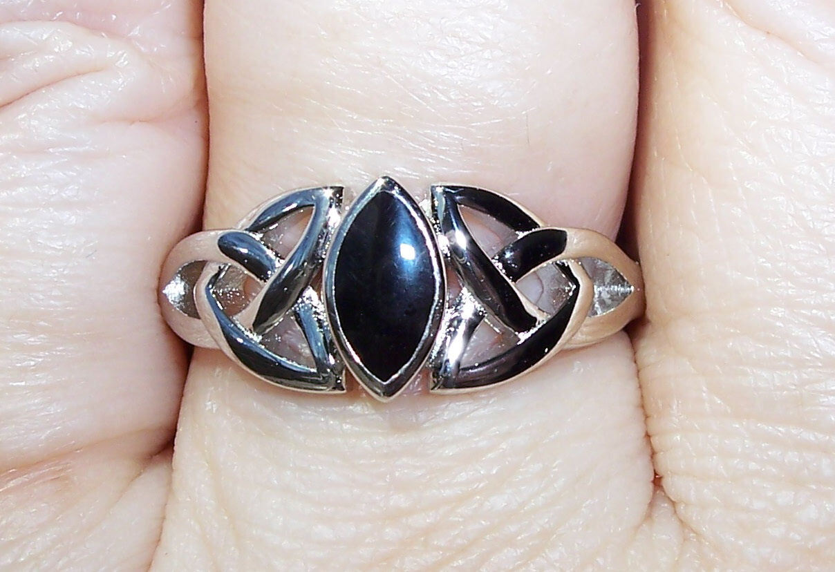 Celtic Synthetic Black Onyx Triquetra Ring Marquise Shape 925 Sterling Silver