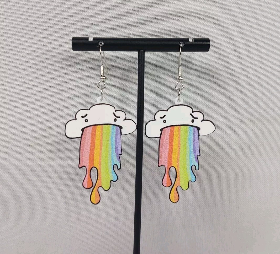 Hook Drop Dangle Pierced Earrings Big Plastic White Cloud Puking A Rainbow