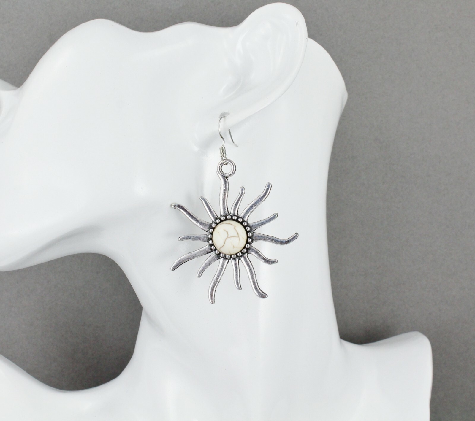 silver sun earrings cream center bead dangle lightweight 2.5″ long long rays