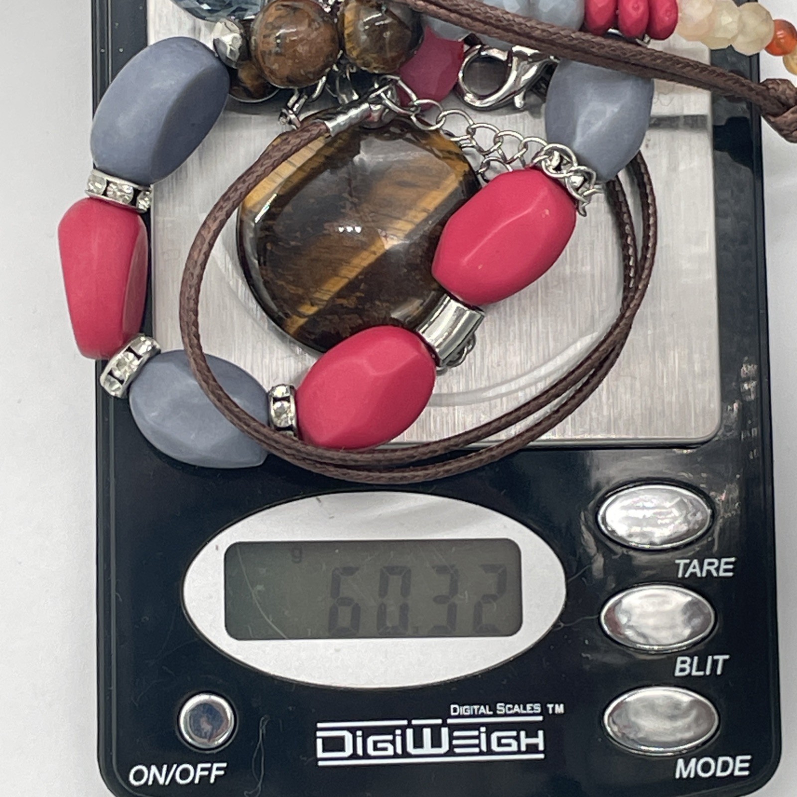 C1946 Multicolor Beaded Necklace Pendant With Silver Tone Spacers & Brown Cord