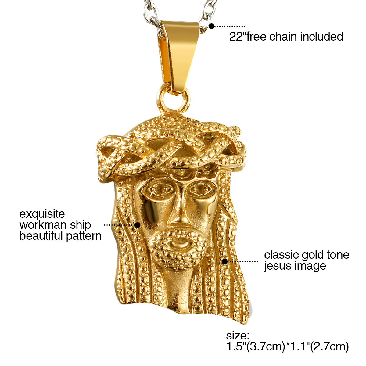 Hip Hop Silver Gold Men’s Stainless Steel Jesus Piece Necklace Pendant Chain 22′