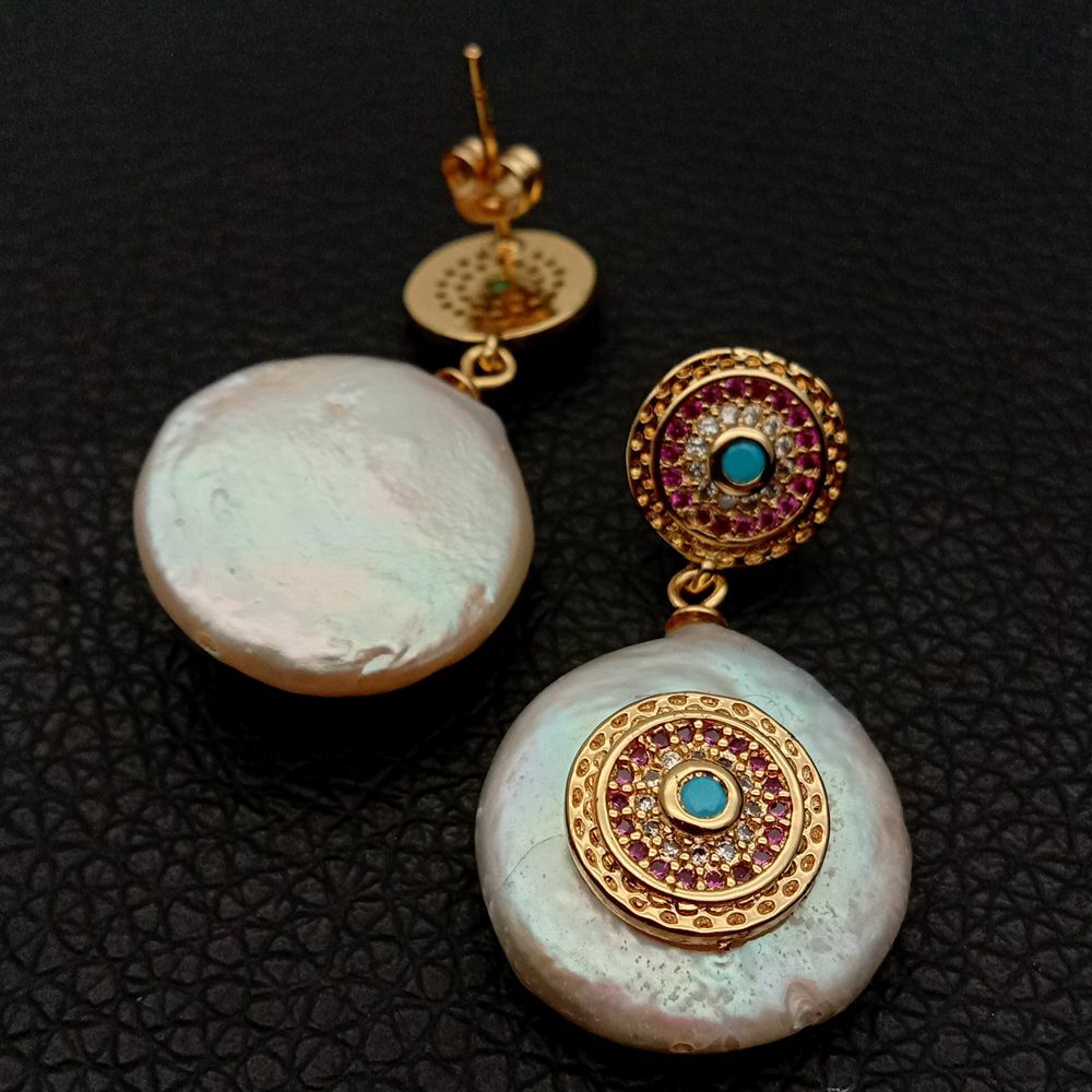 Freshwater White Coin Pearl Cz pave Stud Earrings