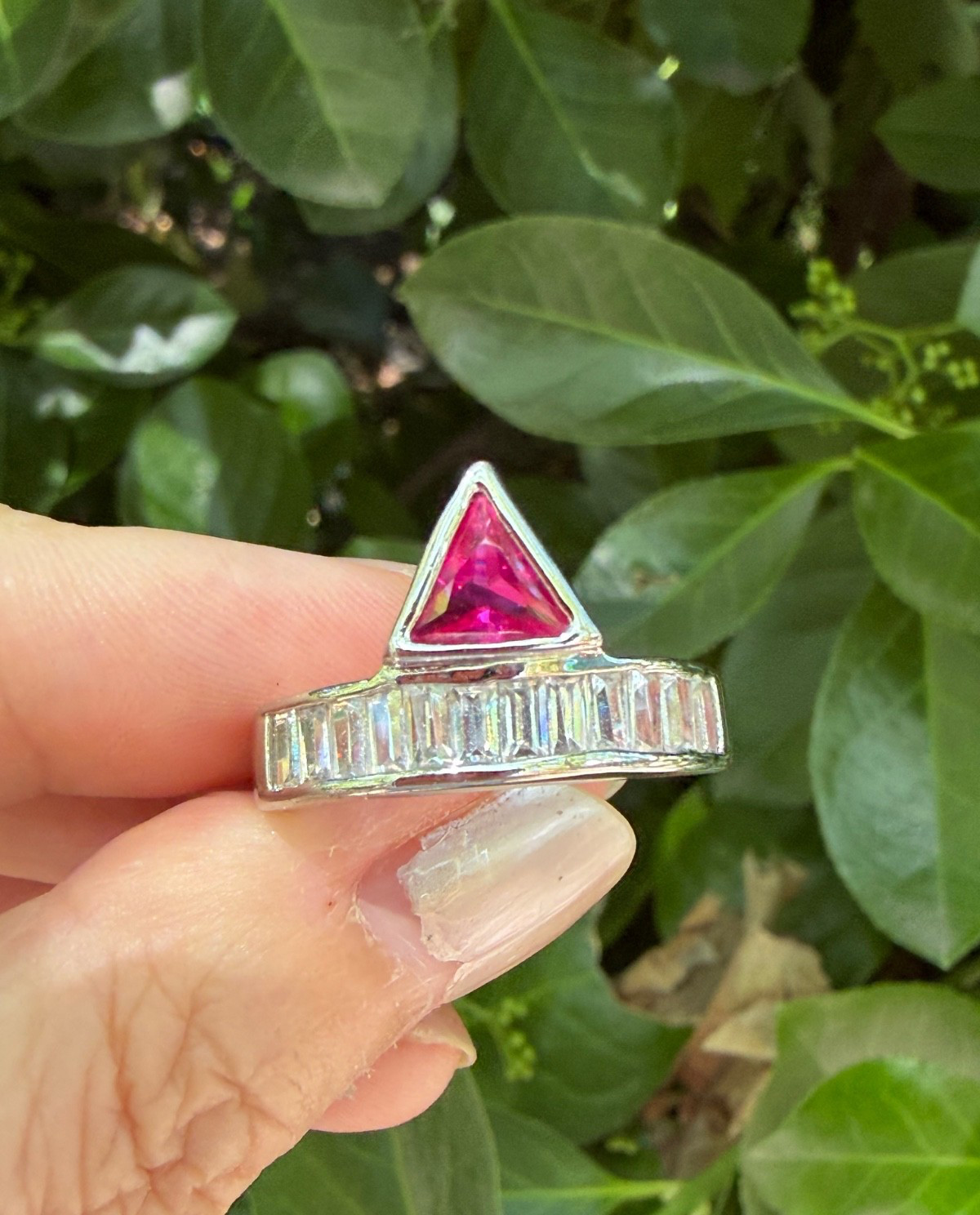 SYNTHETIC RUBY / PINK SAPPHIRE BAGUETTE RHINESTONES GEOMETRIC RING SILVER TONE