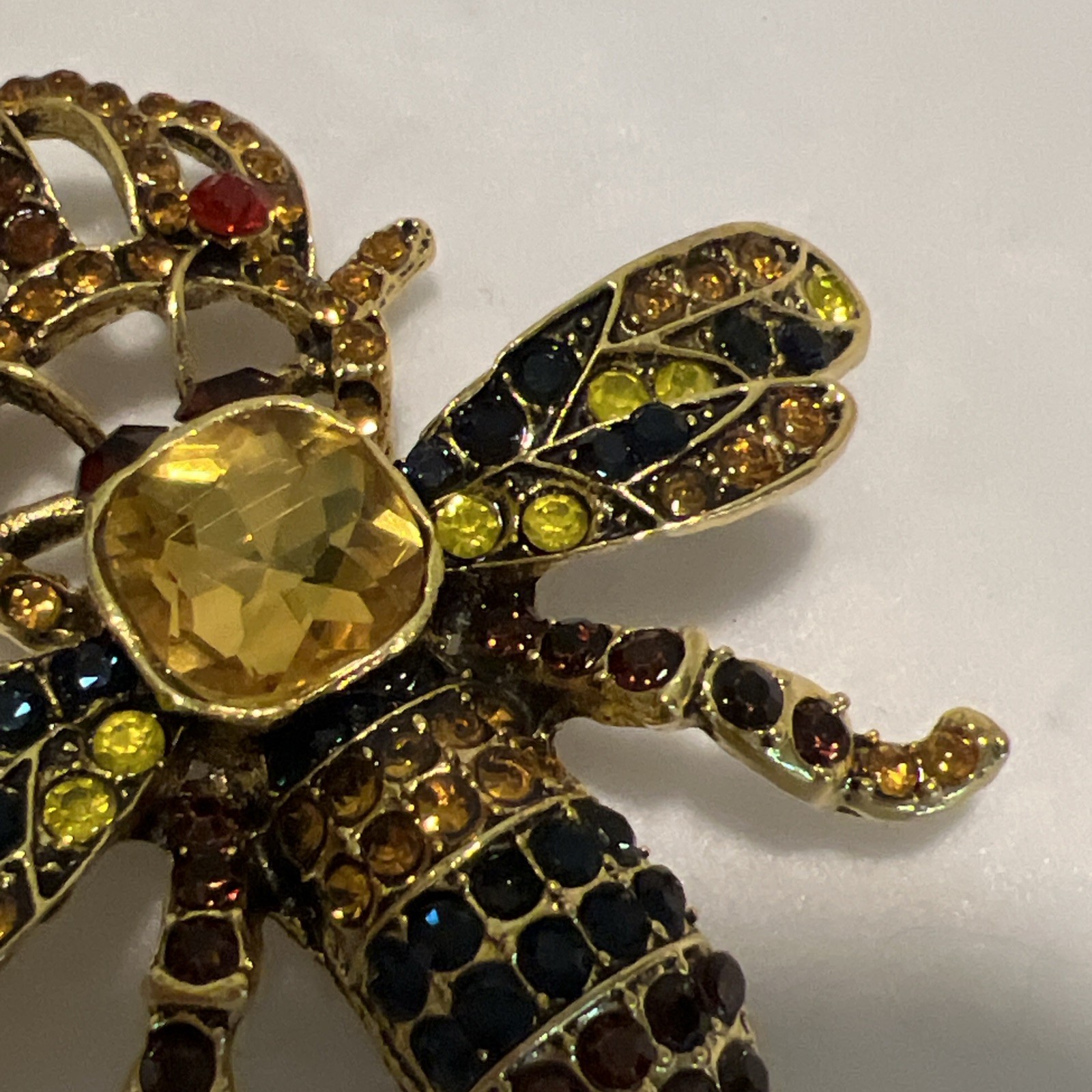 Queen Bee Brooch Crown Gold Tone Insect Pin Red Yellow Blue