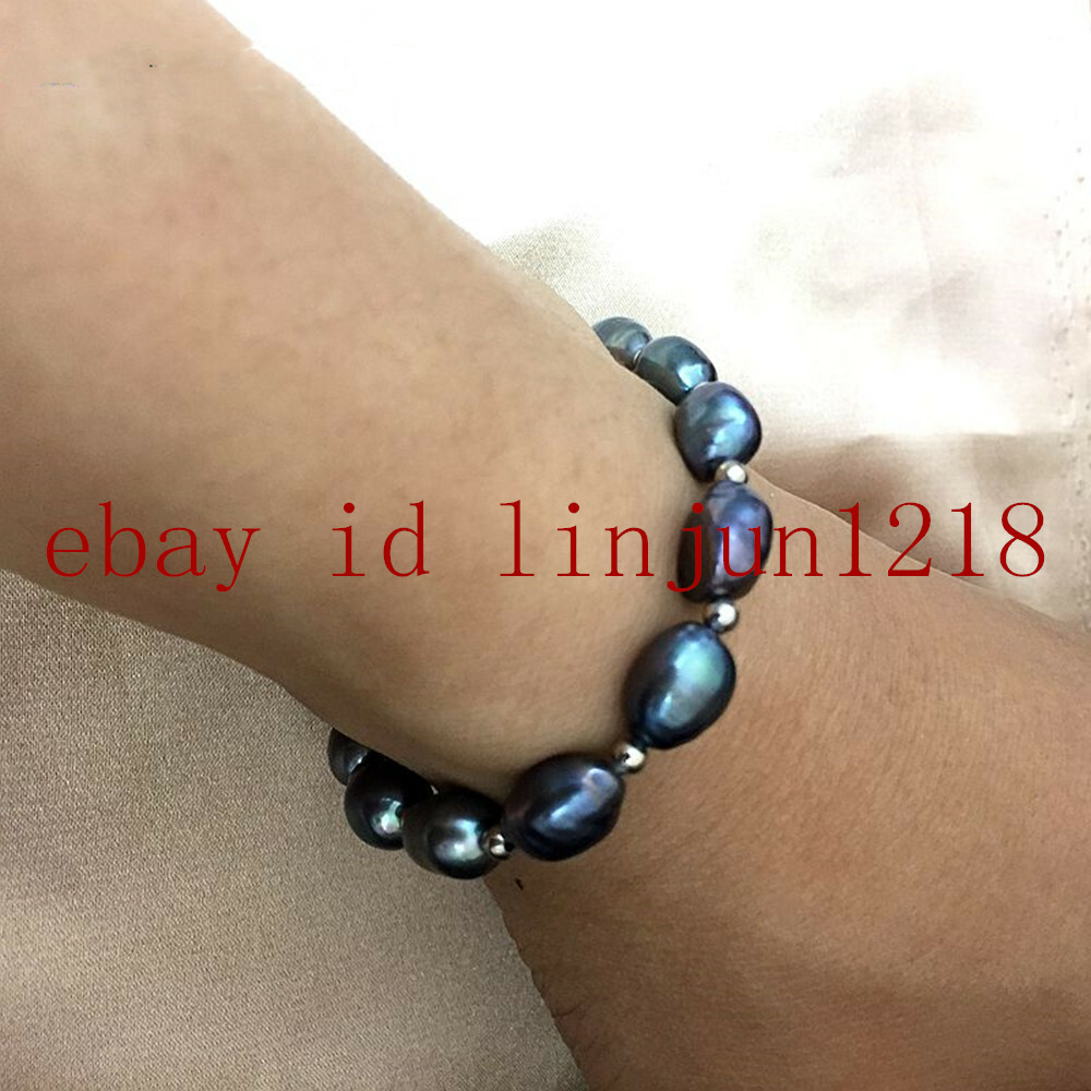 Natural 9-10mm Tahitian Cultured Freshwater Black Pearl Bracelet 7.5” AAA