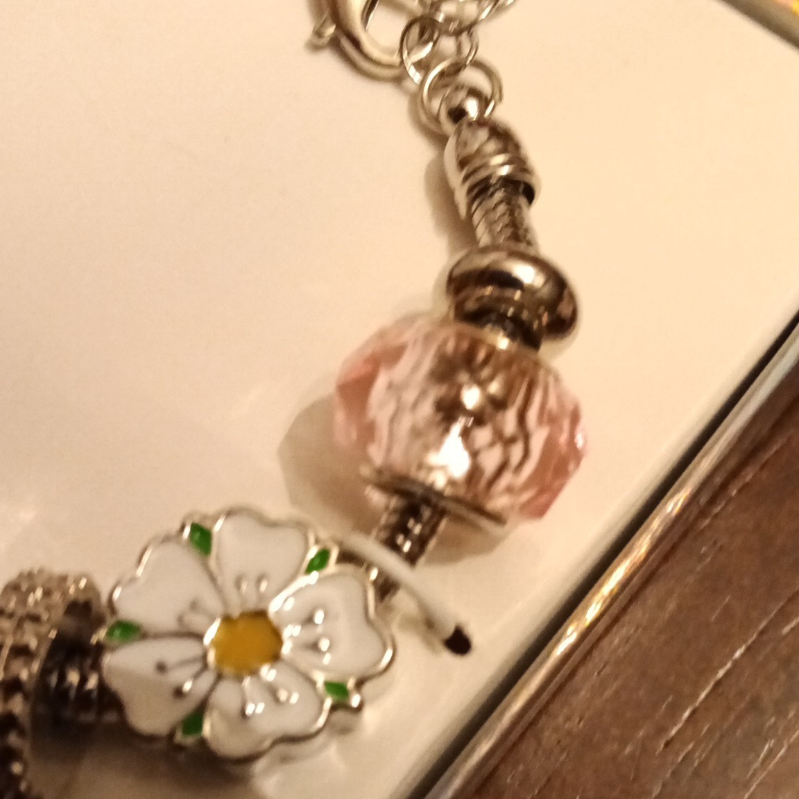 Silver Tone Snake Chain Charm Bracelet Pink Crystal Beads Heart