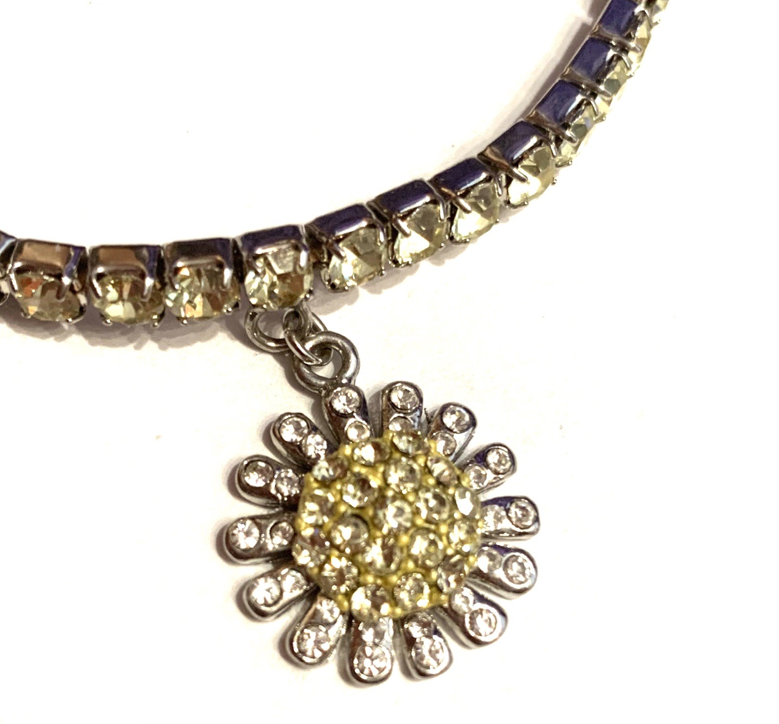 Vtg Silver Tone 9.1” Anklet Expansion Rhinestones Yellow w Daisy Sunflower Charm