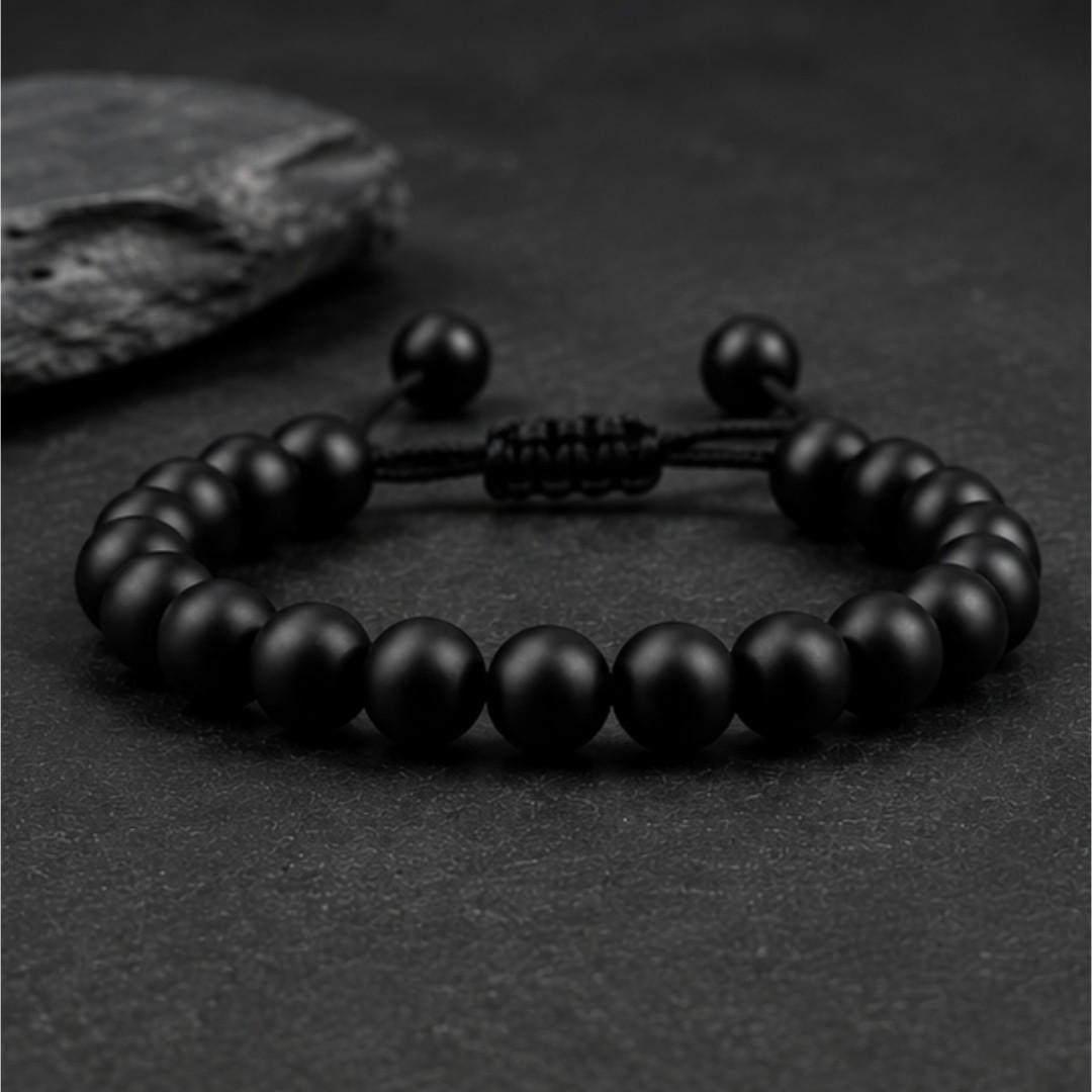 Black Matte Beaded Bracelet Adjustable Rope Chain Unisex Men Women Gif