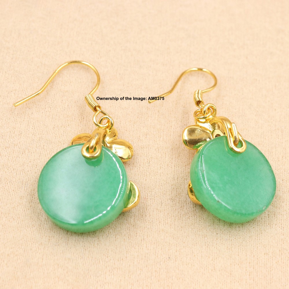 New Yellow Alloy Flower Women’s Heated Green Jade Dangle Earrings Hook Earrings