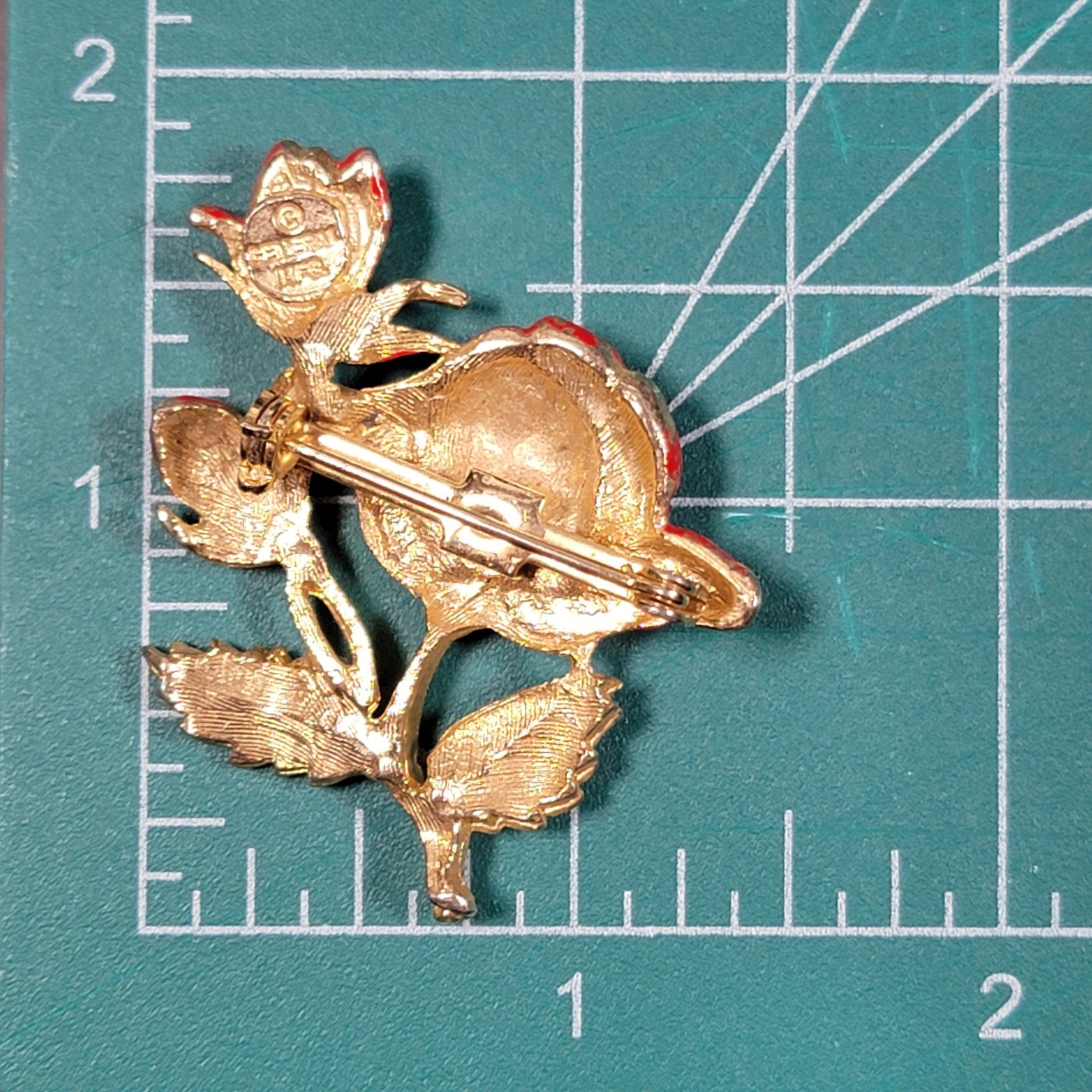 VTG 60s General Mfg Red Enamel Rose Brooch Pin Gold Tone MCM Flower Costume