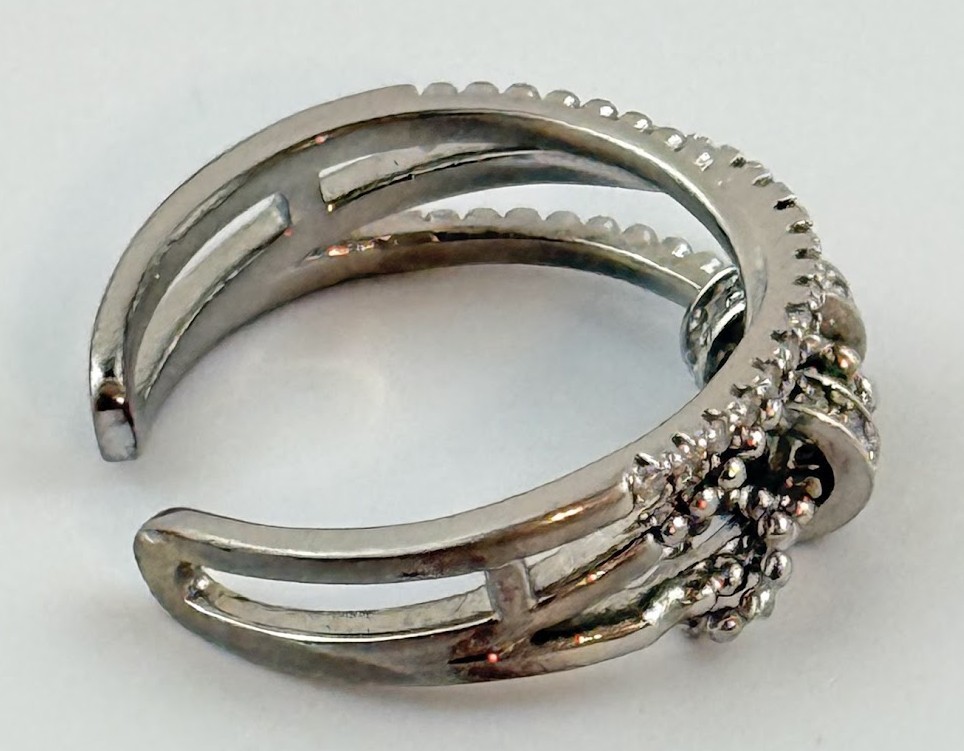 925 Sterling Silver Wrap Ring Open Cuff Beaded CZ Accent Band Adjustable Boho