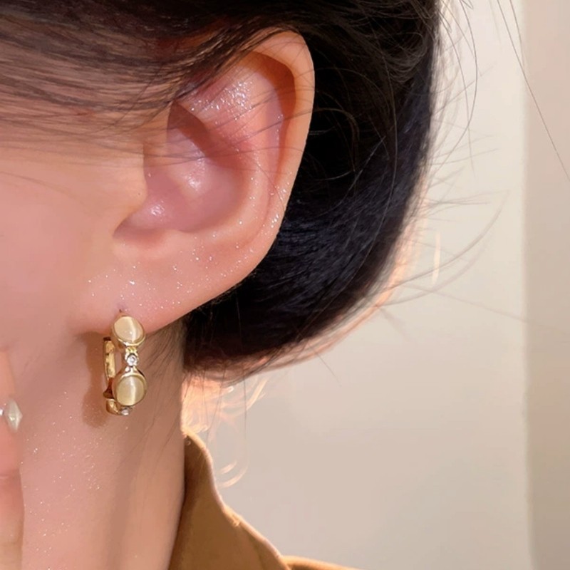 Fashion Gold-plated Irregular C-shaped Opal Stone and CZ Inlaid Stud Earrings