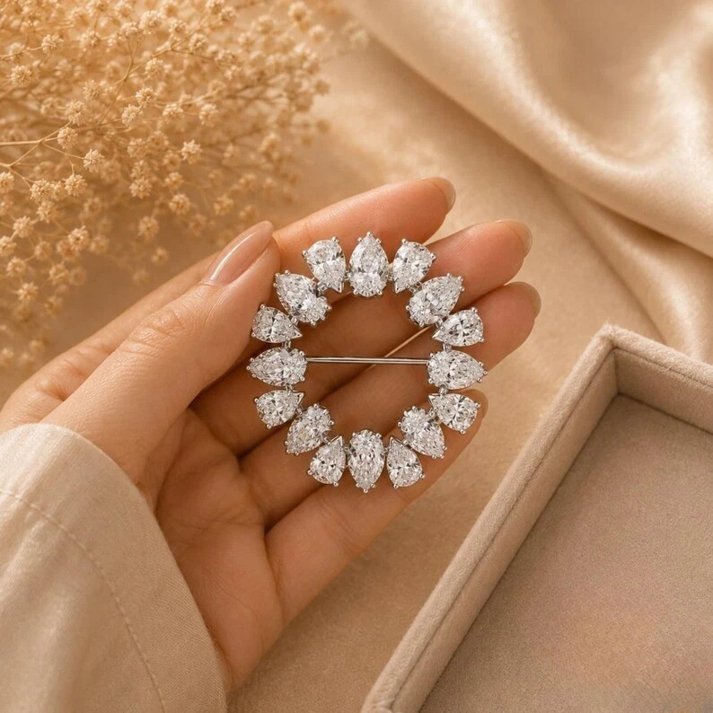 14K White Gold Plated Pear Cut Lab Created Diamond Partywear Brooch Pin Women’s