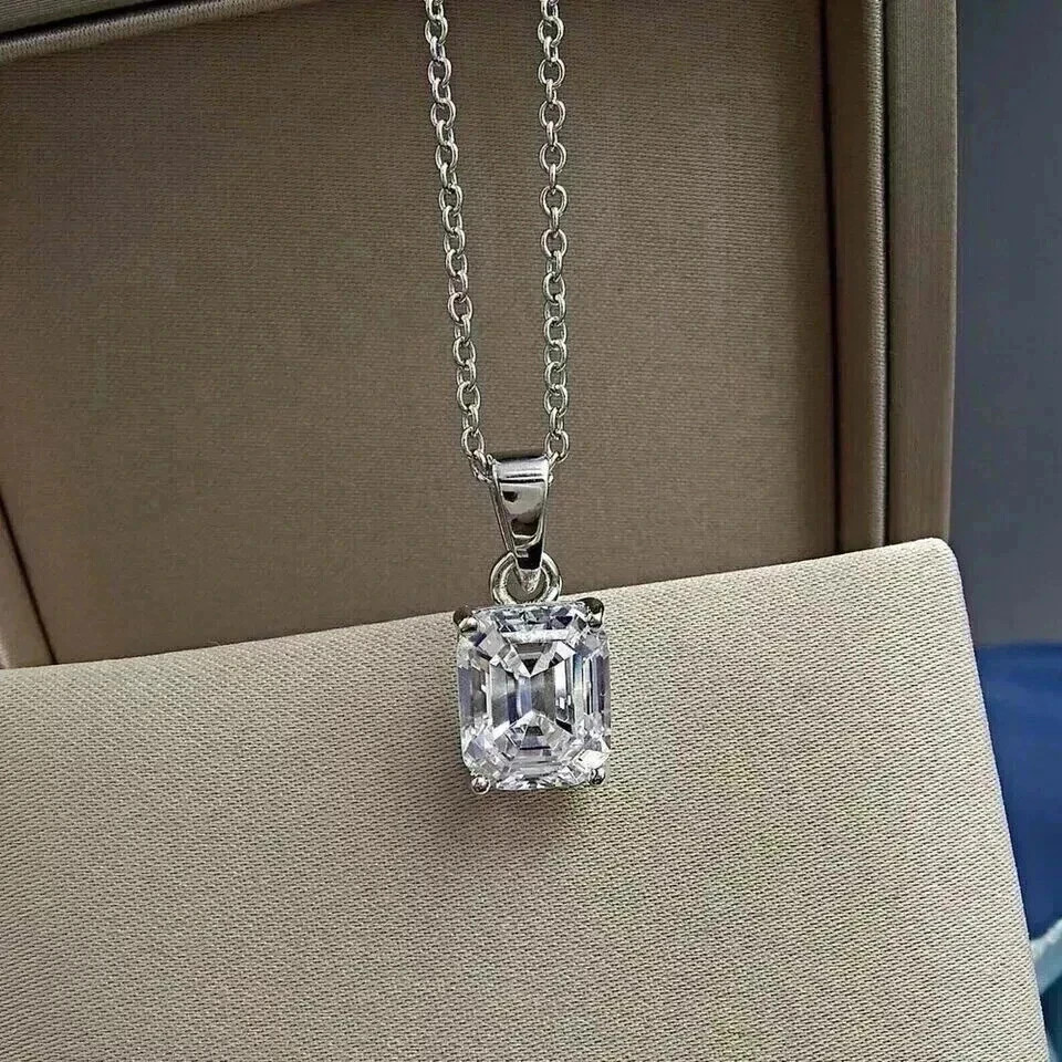 14k White Gold Plated 2.00 Ct Asscher Cut Simulated Solitaire Diamond Pendant