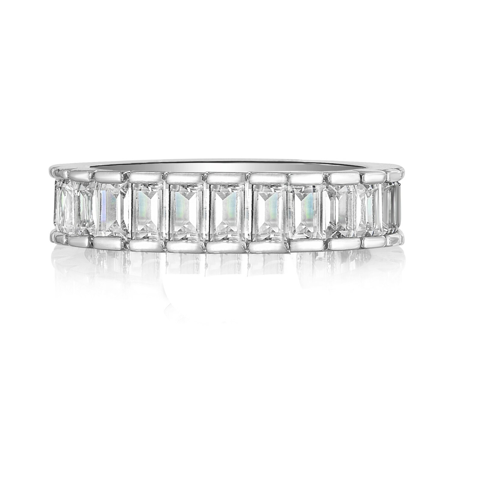 925 Sterling Silver Eternity Band Ring with Emerald Cut Cubic Zirconia Stones