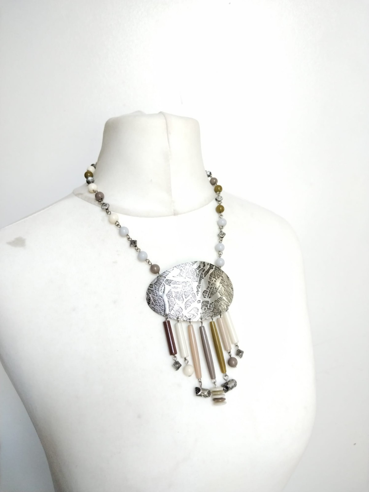 Ethnic Necklace Natural Colours ,hammered Oval Silver Toned Metal, Fringe Beads