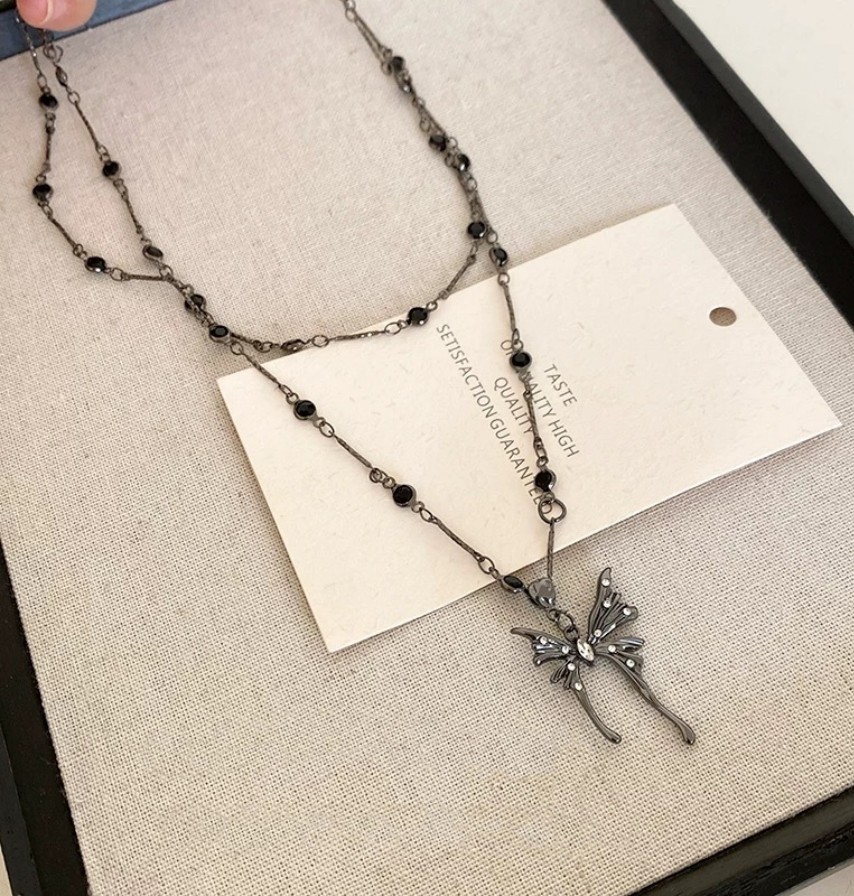Gun Tone Butterfly Charm Black Crystal Inlay Layered Bar Link Choker Necklace