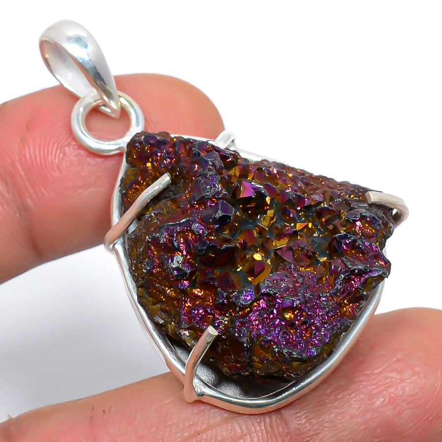 Titanium Desert Drusy Handmade Silver Plated Pendant 1.9″ T72