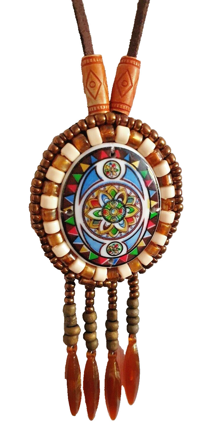 Artisan Mandala Beaded Oval Tassel Leather backed Pendant suede cord Metal Free