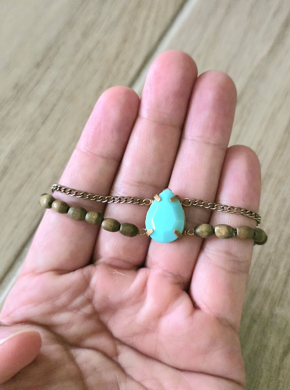 Antique Gold Tone Chain Beaded Bracelet Turquoise Teardrop Free People Inspired