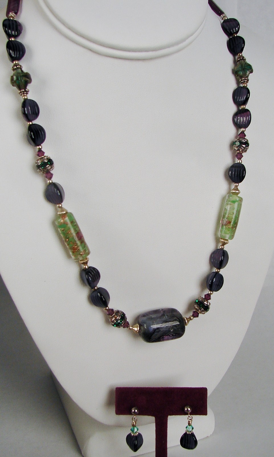 18″ Amethyst & Green Quartz Crystal Necklace Matching Drop Earrings 925 Closure