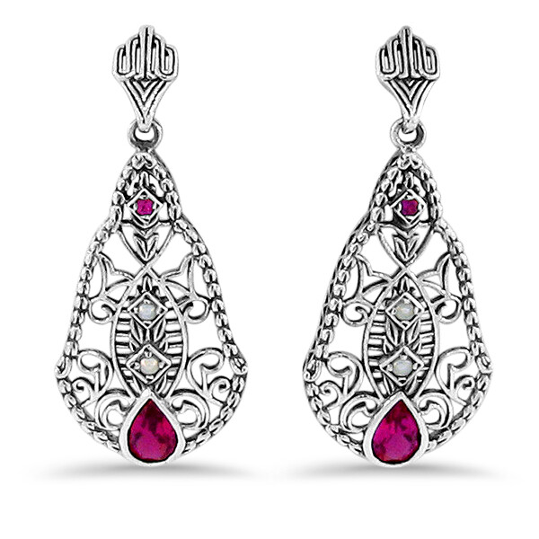 ANTIQUE STYLE 925 SILVER LAB-CREATED RUBY FILIGREE PEARL EARRINGS #213