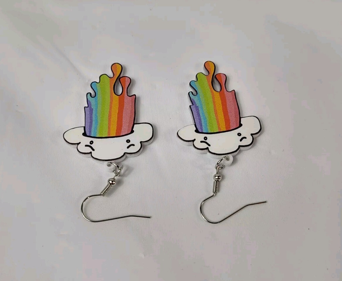Hook Drop Dangle Pierced Earrings Big Plastic White Cloud Puking A Rainbow