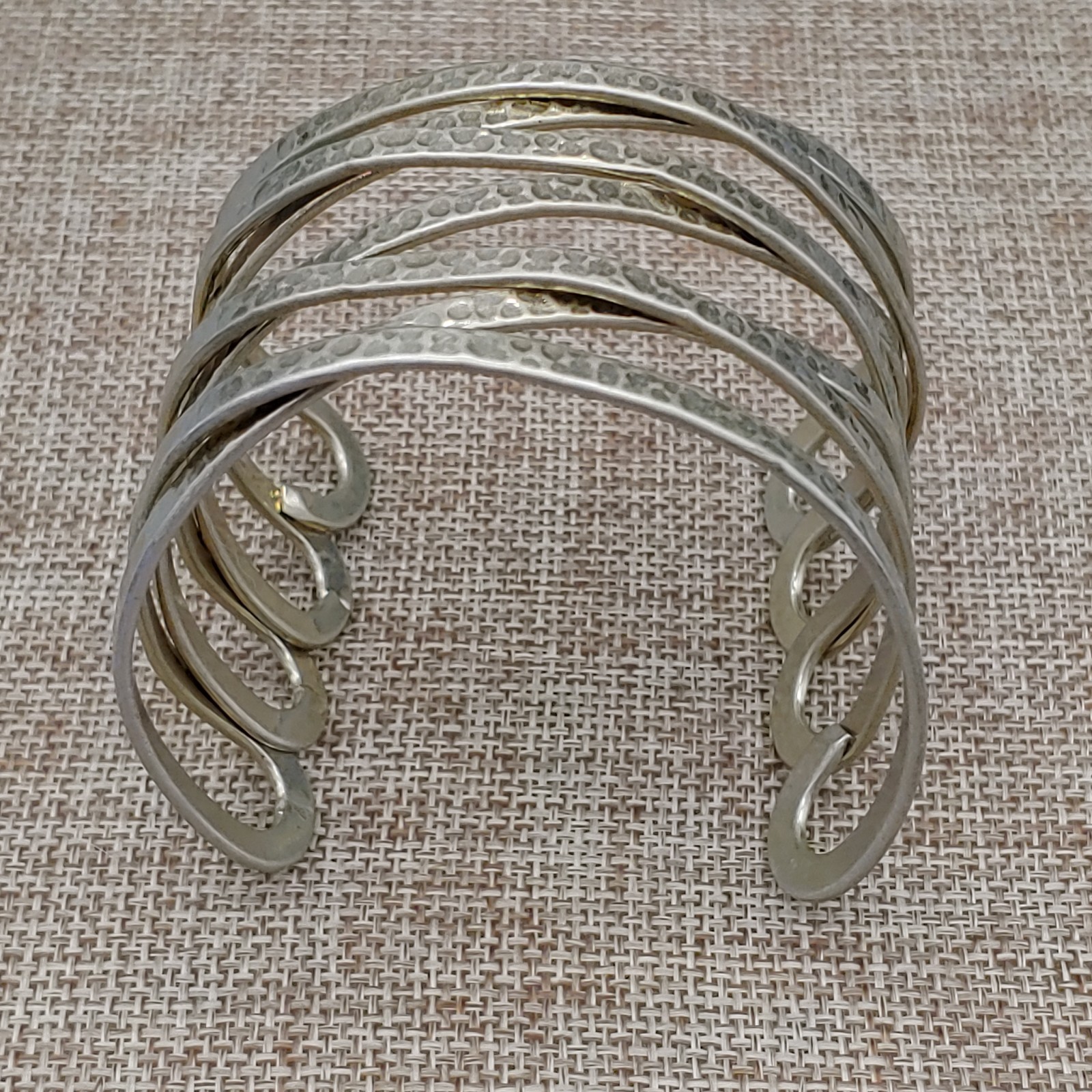 Cuff Hammered Bracelet Wide Gold Tone Metal Open “X” Cross Weave Statement 7″